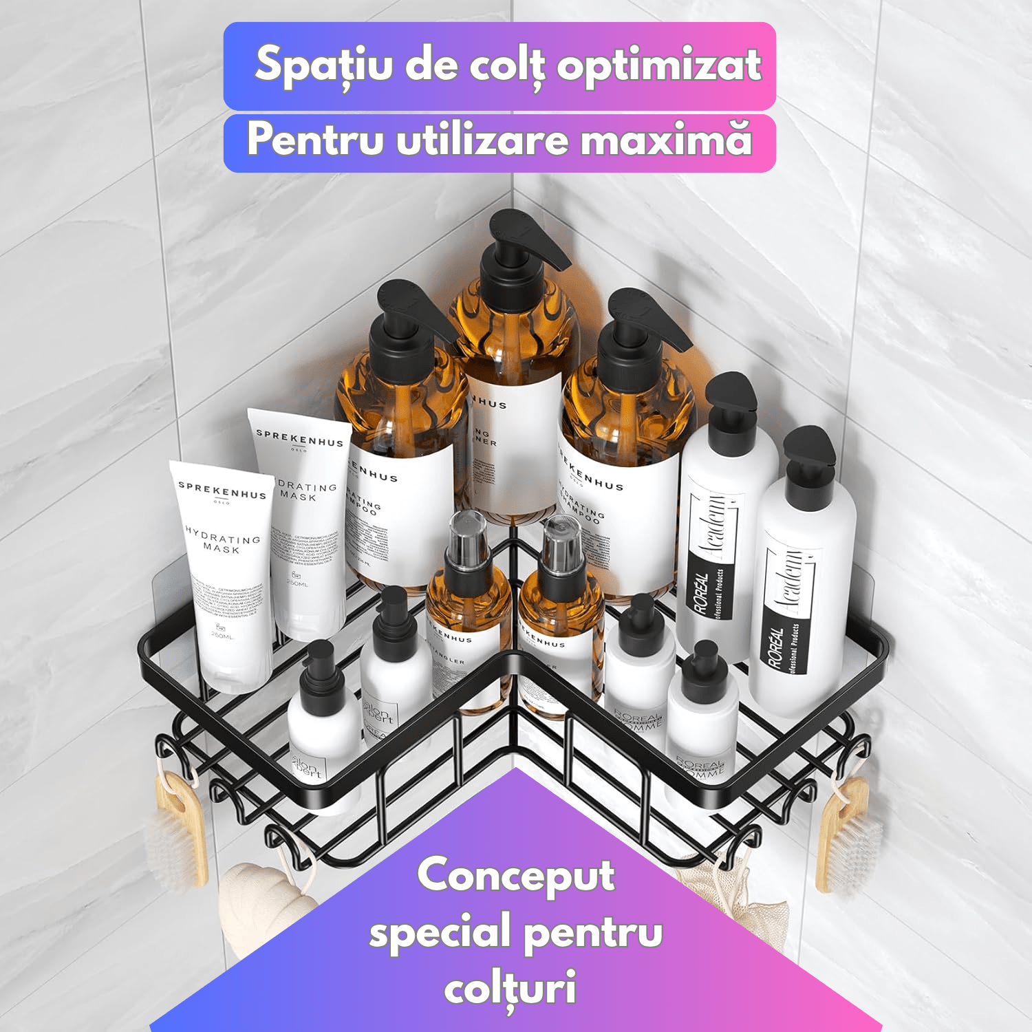 Raft de Dus, Etajera Baie si Bucatarie, Din Otel Inoxidabil, Pentru Depozitare in Bucatarie, set 3 rafturi de dus — imaginea 5