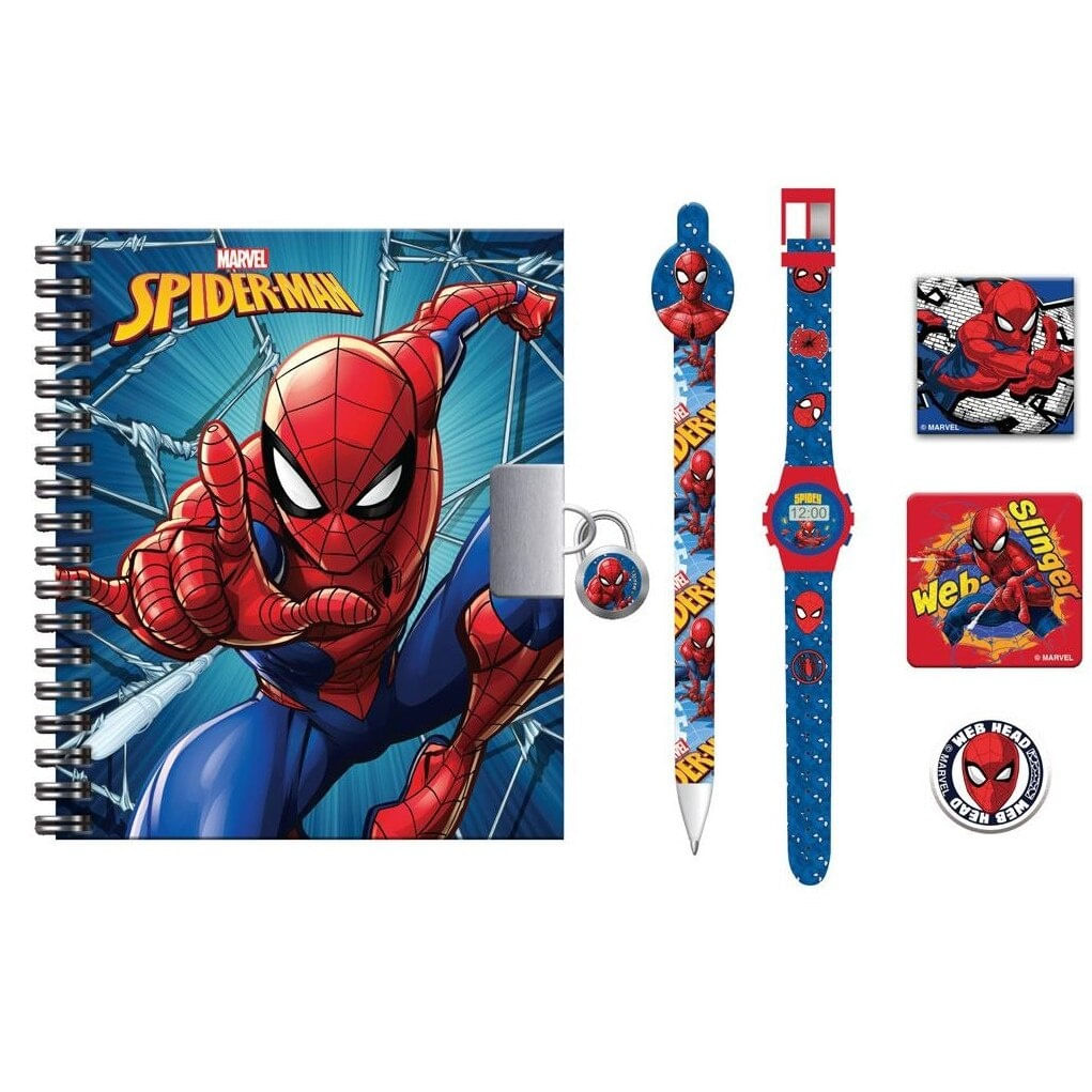 Set jurnal cu lacat pentru baieti, Marvel, Plastic, cu ceas si stilou, Spiderman, Rosu/Albastru - imagine 2