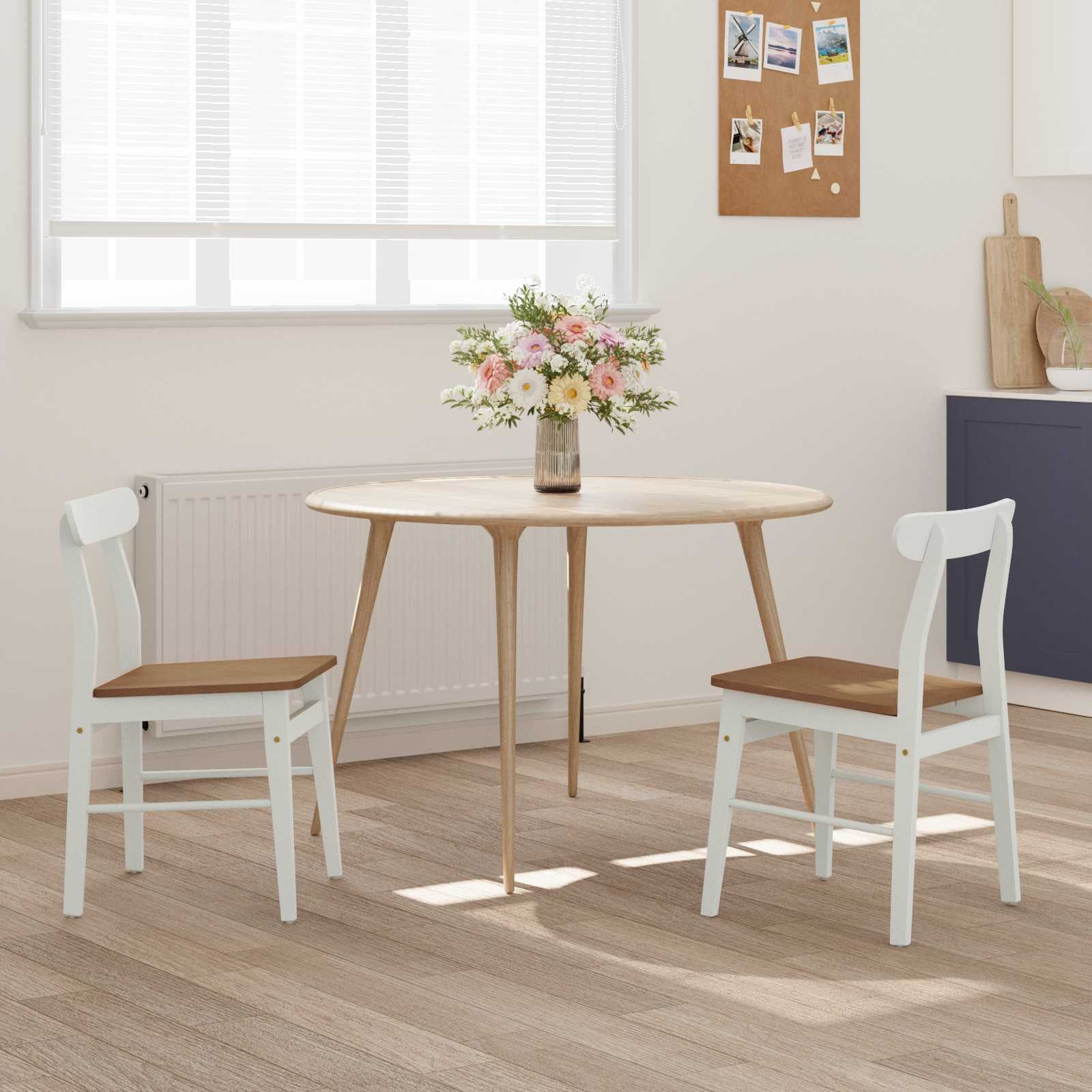 Scaun de sufragerie 2 pcs Alb si Natural Lemn Solid de Cauciuc — imaginea 3