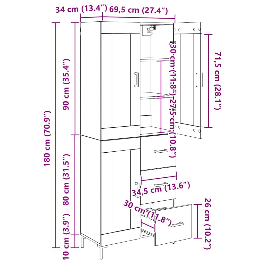 Bufet 2 pcs Stejar Artizanal 69,5 x 34 x 180 cm Lemn compozit — imaginea 13