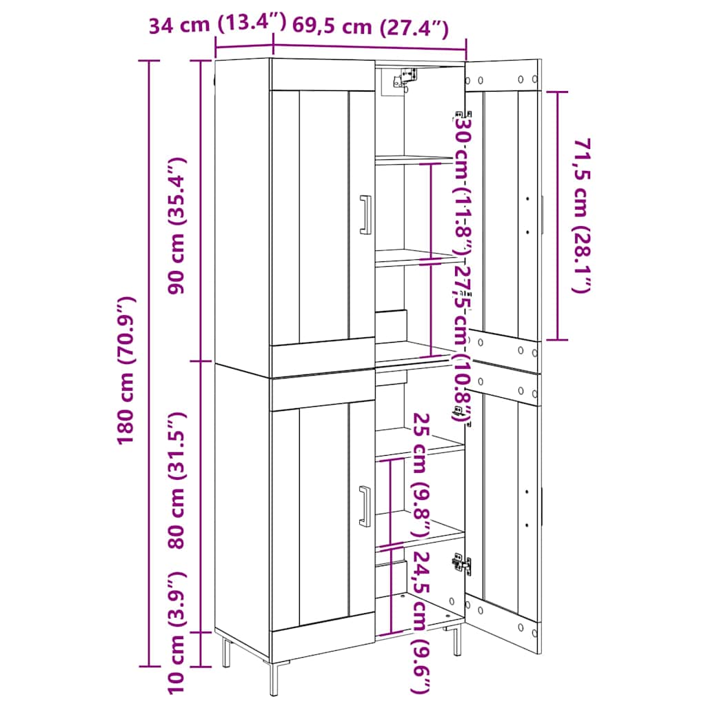 Bufet 2 pcs Stejar Artizanal 69,5 x 34 x 180 cm Lemn compozit — imaginea 13