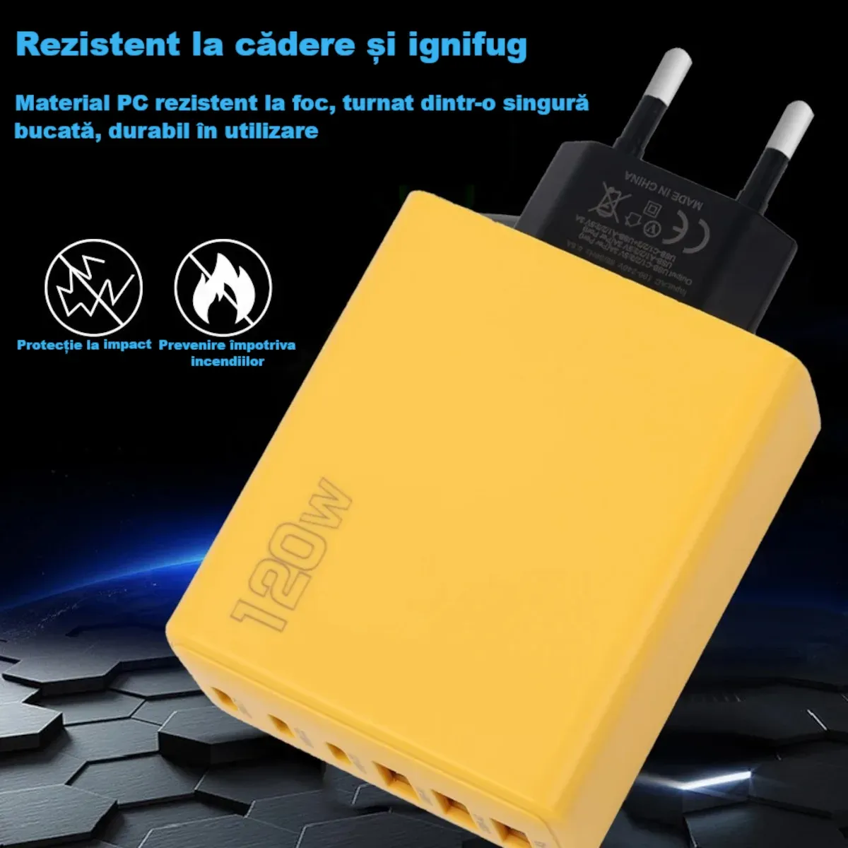 Incarcator 120W cu 6 porturi USB ABYZ USB-C si USB-A, QC 3.0, PD 3.0, 5V 3A, adaptor universal pentru telefon galben
