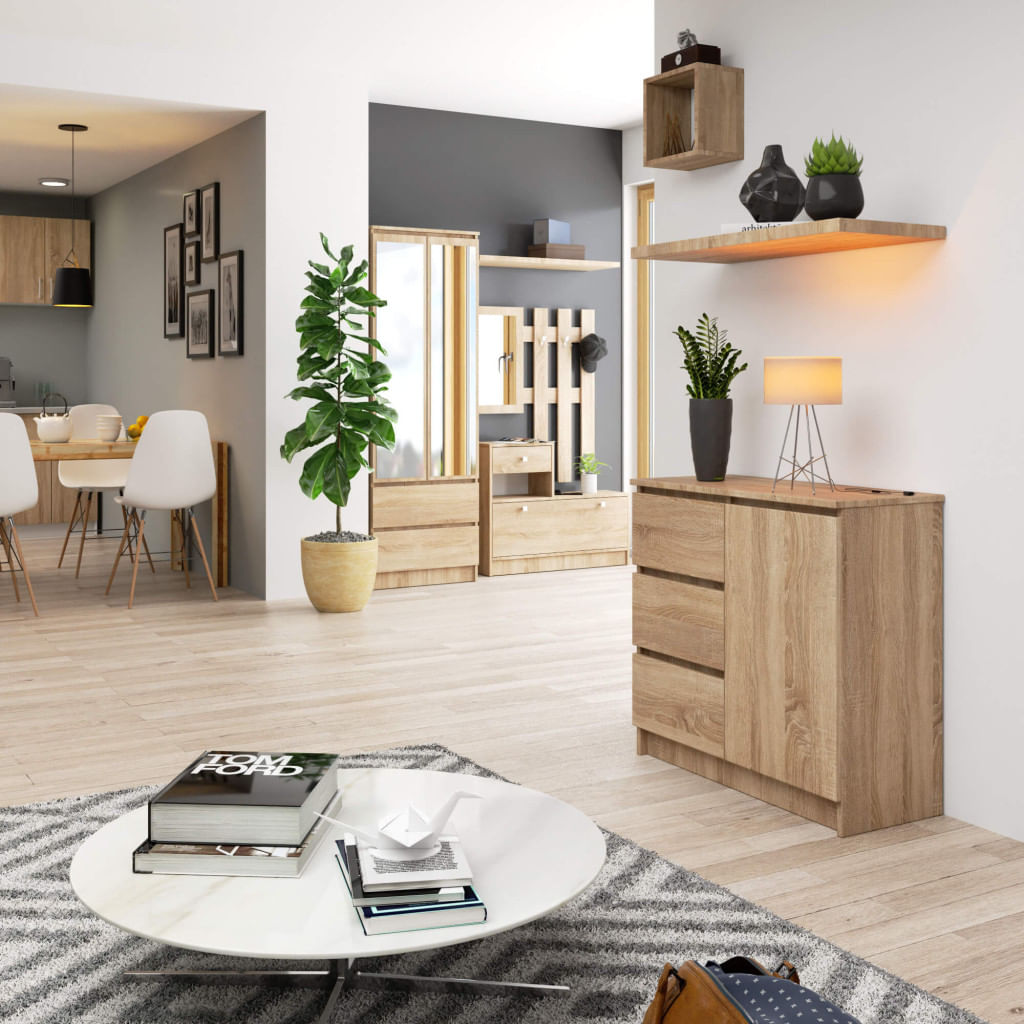 Comoda JERRY cu 3 sertare si dulap cu rafturi, PAL laminat, 80x35x77 cm, stejar sonoma — imaginea 2