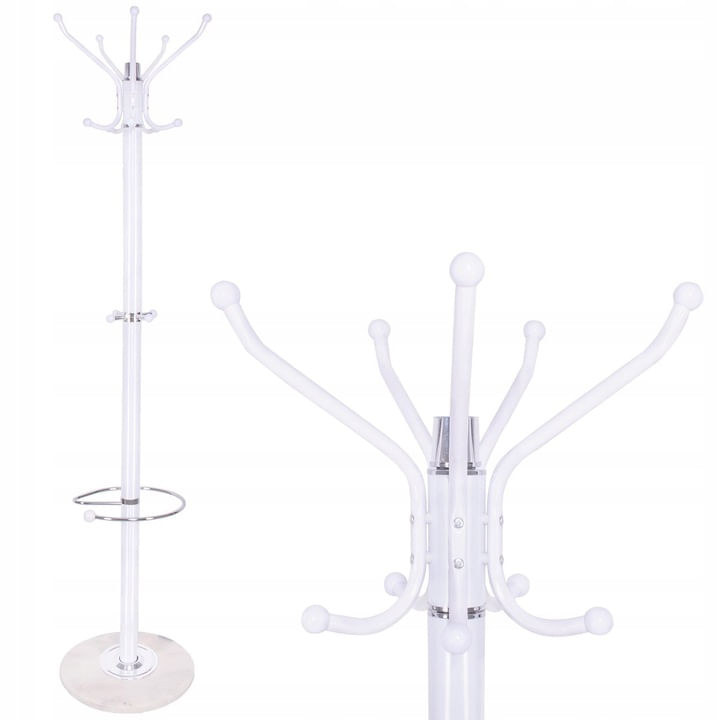 Cuier tip pom din metal cu baza de marmura, 14 agatatoare, 176cm, alb — imaginea 2