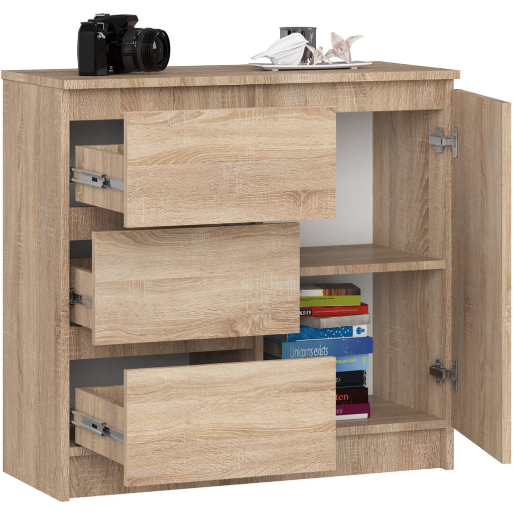 Comoda JERRY cu 3 sertare si dulap cu rafturi, PAL laminat, 80x35x77 cm, stejar sonoma — imaginea 4