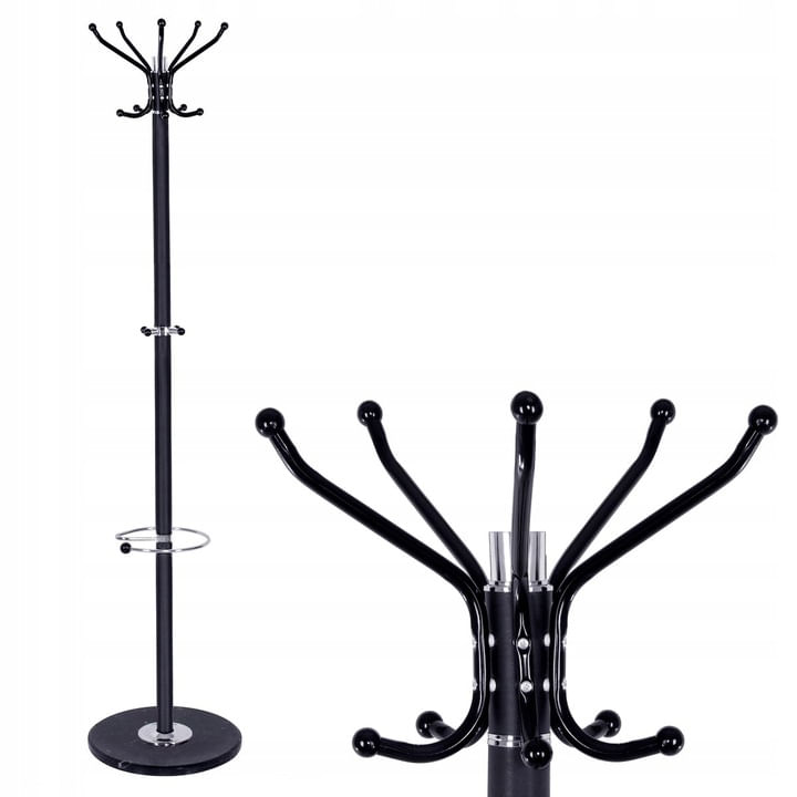 Cuier tip pom din metal cu baza de marmura, 14 agatatoare, 176cm, negru — imaginea 2