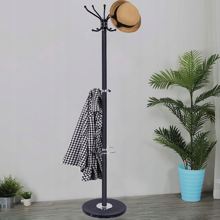 Cuier tip pom din metal cu baza de marmura, 14 agatatoare, 176cm, negru — imaginea 4
