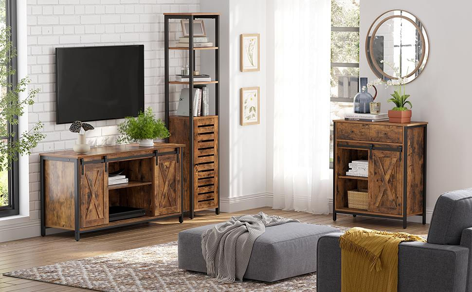 Comoda pentru living sau bucatarie, cu 2 sertare si usa glisanta, rafturi reglabile, stil rustic, 30x70x80cm