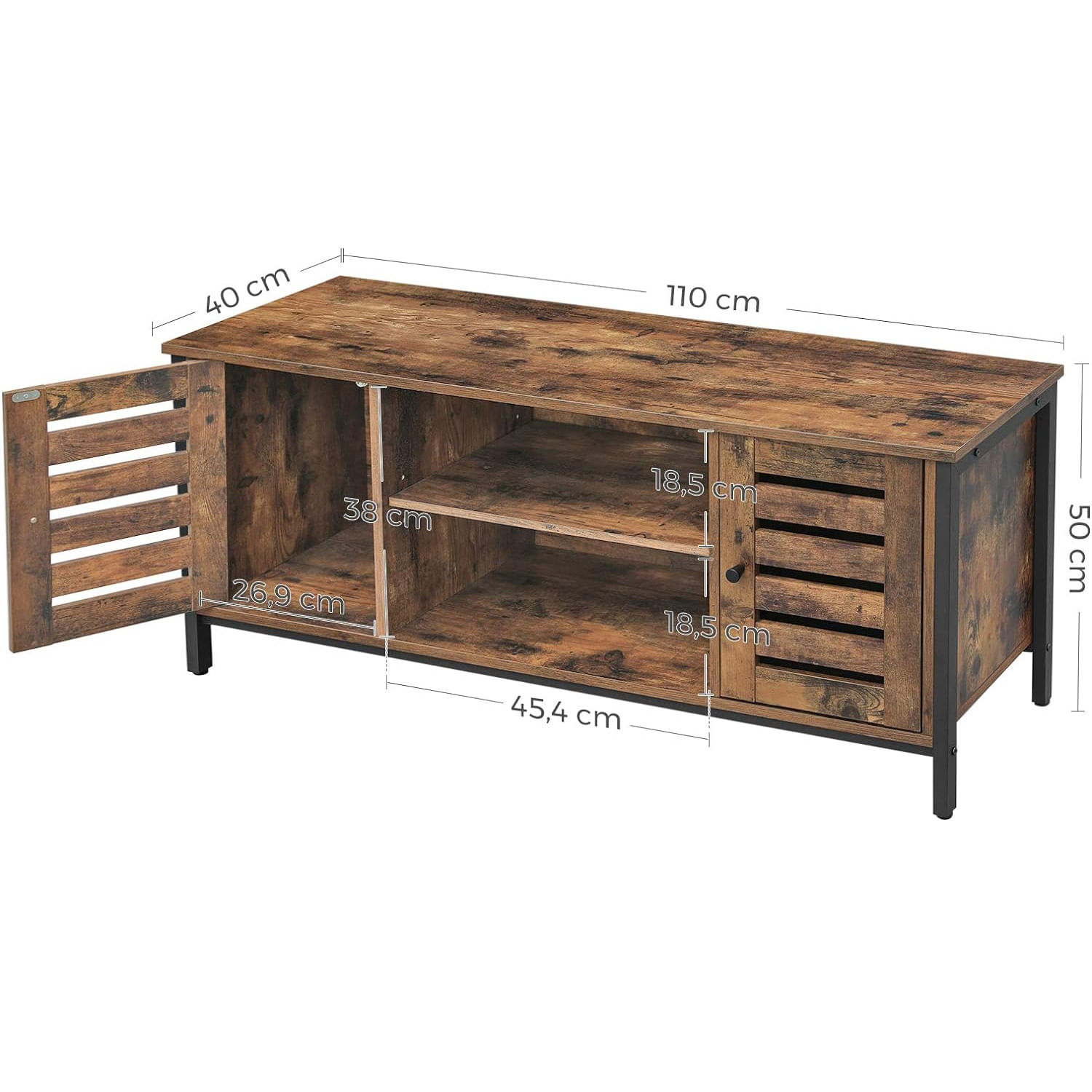 Comoda joasa pentru suport TV, cu rafturi si 2 spatii de depozitare cu usa, stil industrial, 110x40x50cm, rustic — imaginea 2