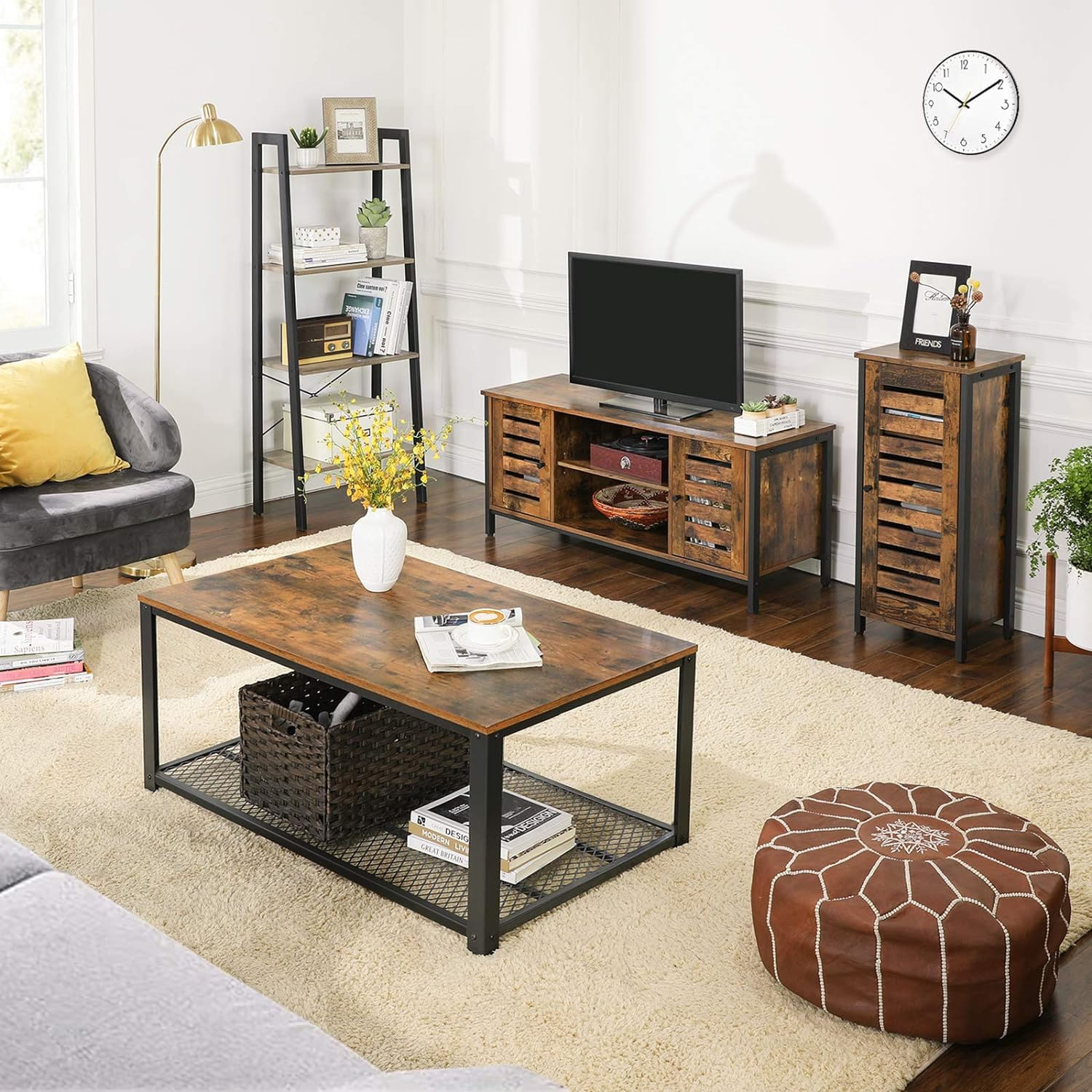 Comoda joasa pentru suport TV, cu rafturi si 2 spatii de depozitare cu usa, stil industrial, 110x40x50cm, rustic — imaginea 3