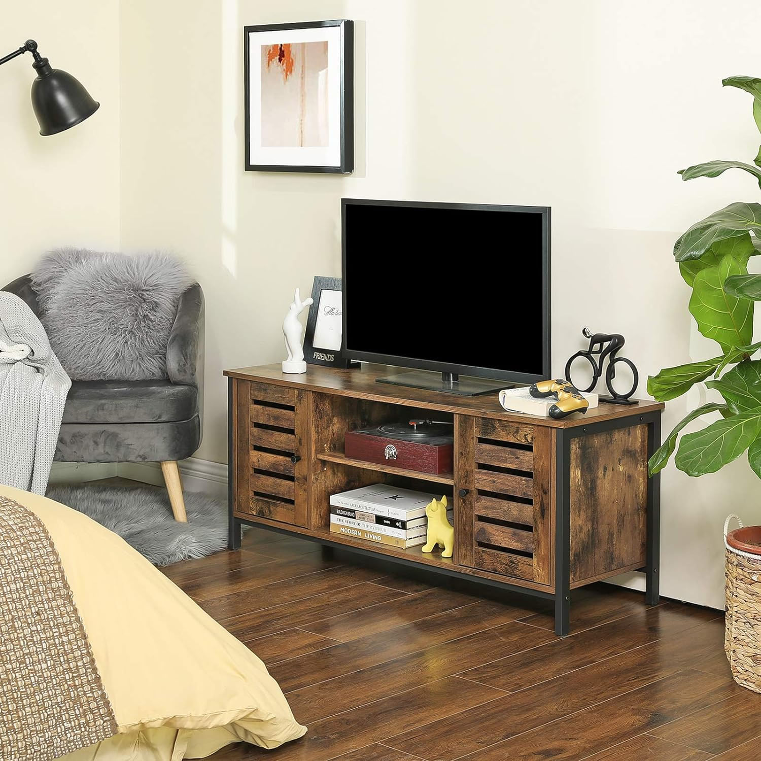 Comoda joasa pentru suport TV, cu rafturi si 2 spatii de depozitare cu usa, stil industrial, 110x40x50cm, rustic — imaginea 4