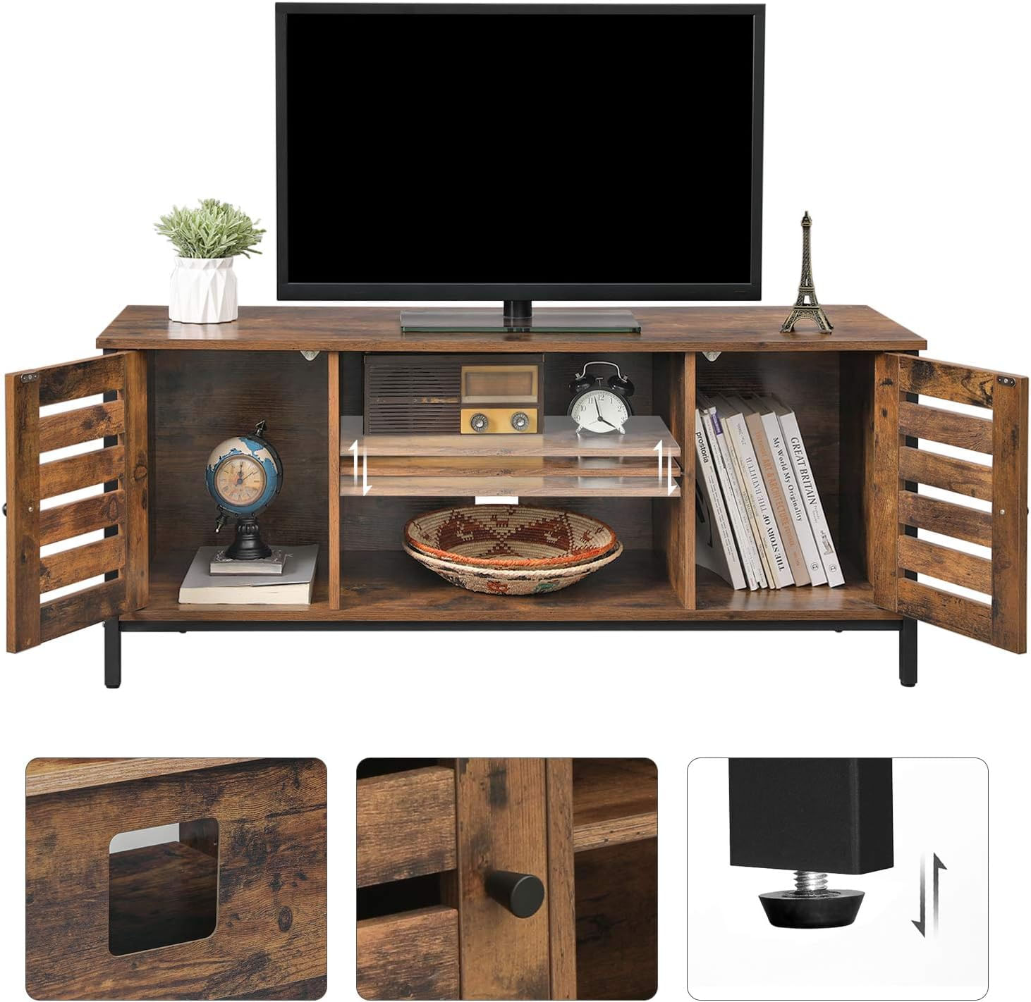 Comoda joasa pentru suport TV, cu rafturi si 2 spatii de depozitare cu usa, stil industrial, 110x40x50cm, rustic — imaginea 5