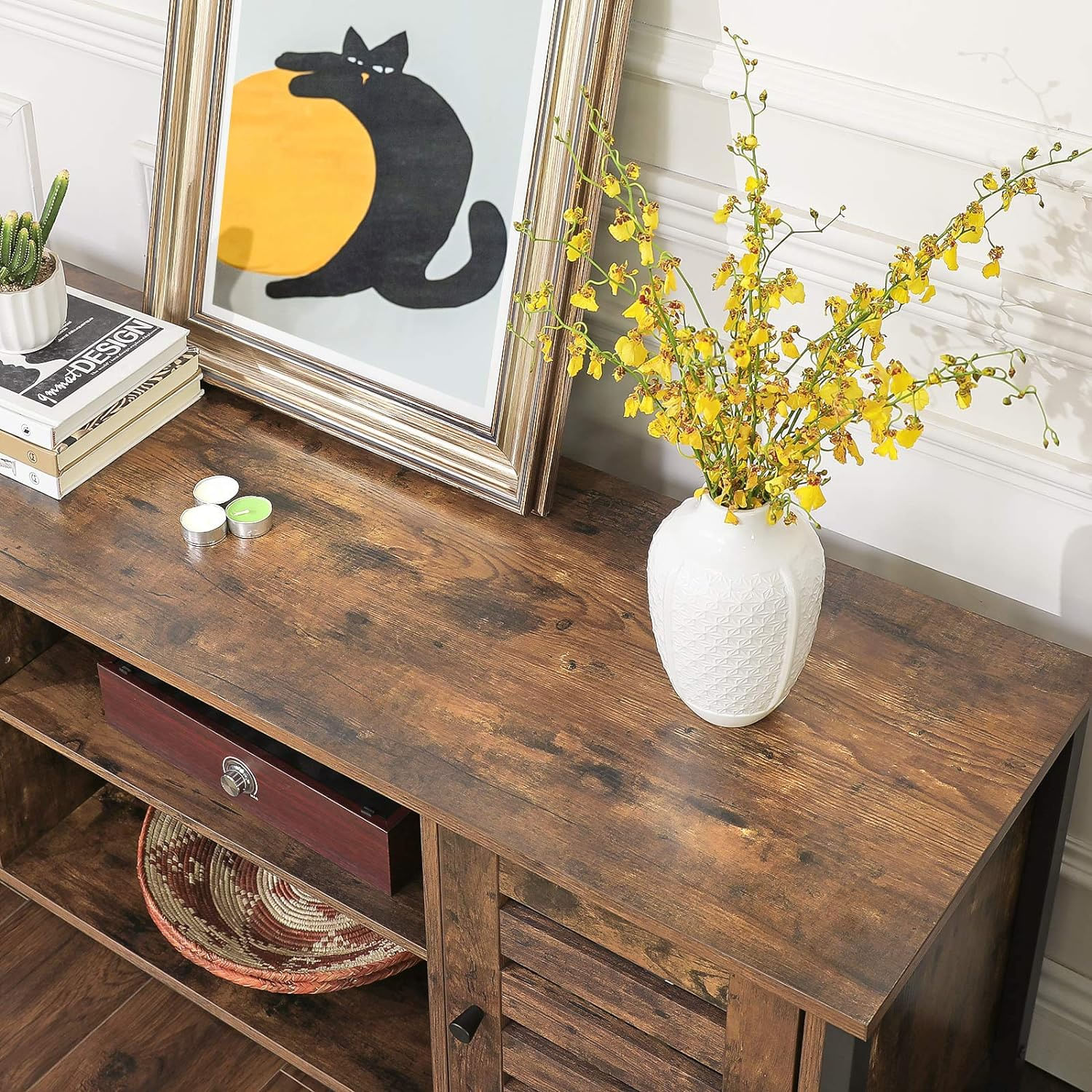 Comoda joasa pentru suport TV, cu rafturi si 2 spatii de depozitare cu usa, stil industrial, 110x40x50cm, rustic — imaginea 6