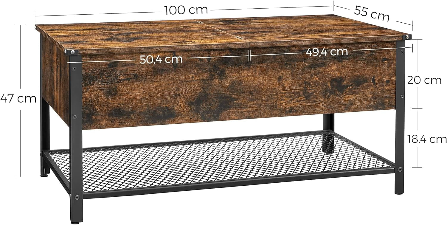 Masuta de cafea cu capac rabatabil, compartiment depozitare ascuns si raft plasa, industrial, 100x55x47cm, rustic — imaginea 4