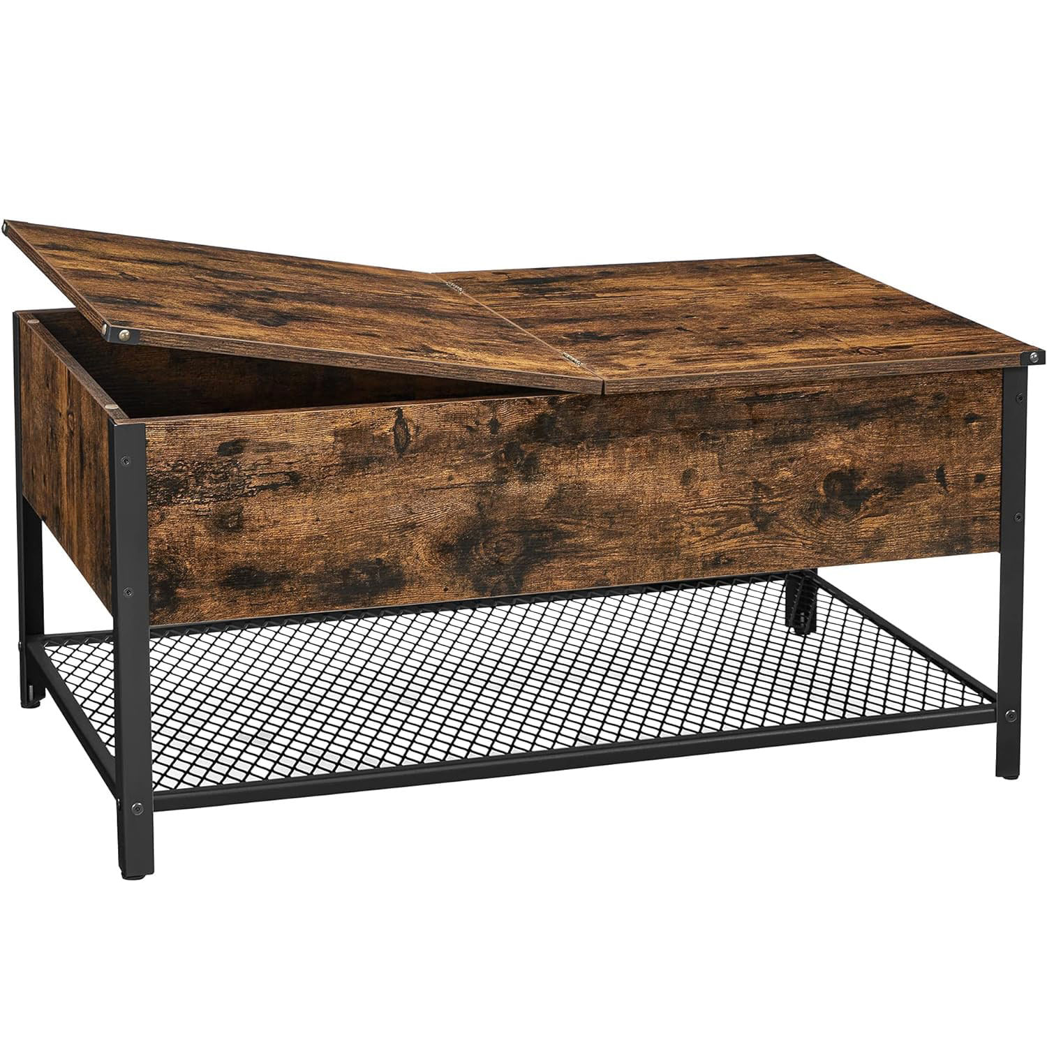 Masuta de cafea cu capac rabatabil, compartiment depozitare ascuns si raft plasa, industrial, 100x55x47cm, rustic — imaginea 6