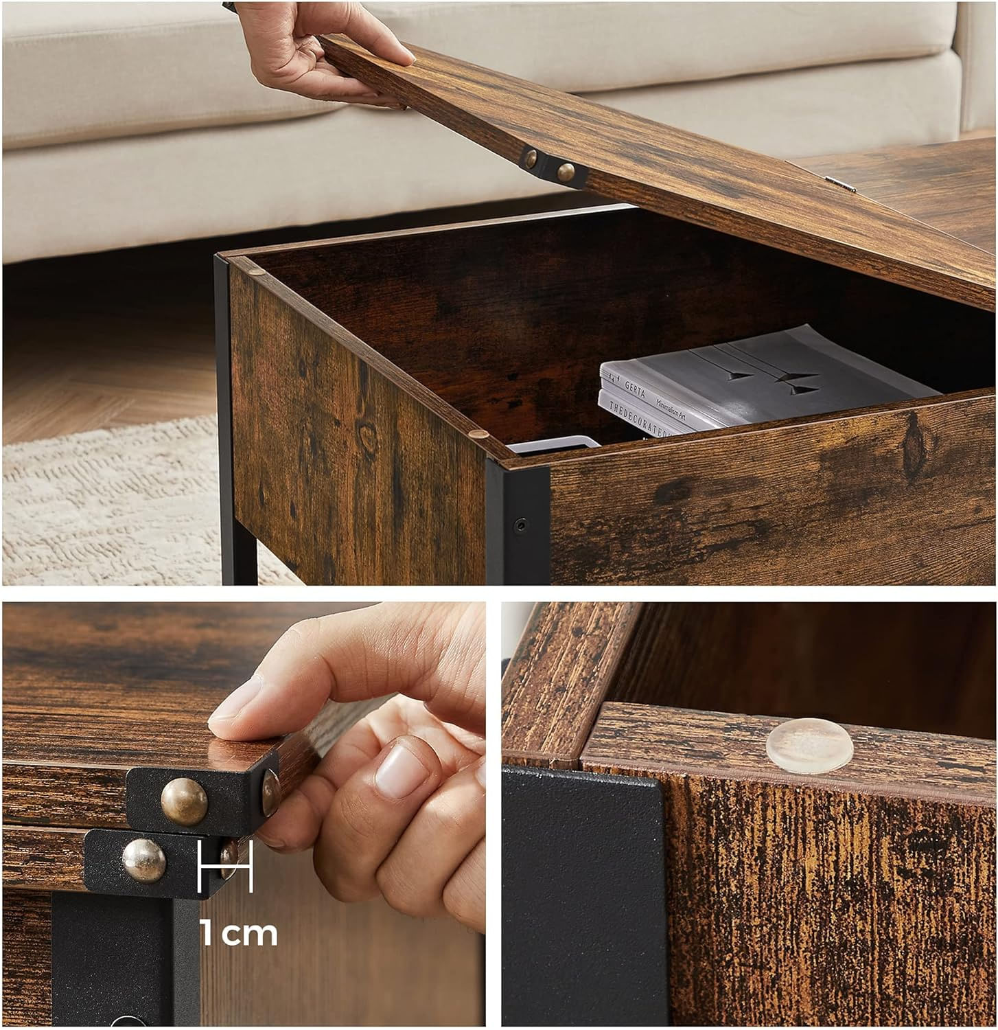 Masuta de cafea cu capac rabatabil, compartiment depozitare ascuns si raft plasa, industrial, 100x55x47cm, rustic — imaginea 9