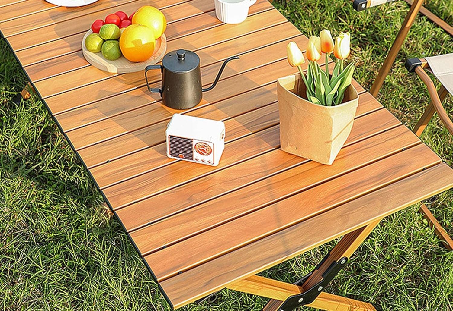 Masa pentru camping cu sistem de pliere rapida, cadru metalic, 90x60x44cm, maro — imaginea 4