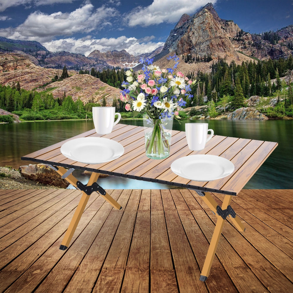 Masa pentru camping cu sistem de pliere rapida, cadru metalic, 90x60x44cm, maro — imaginea 5