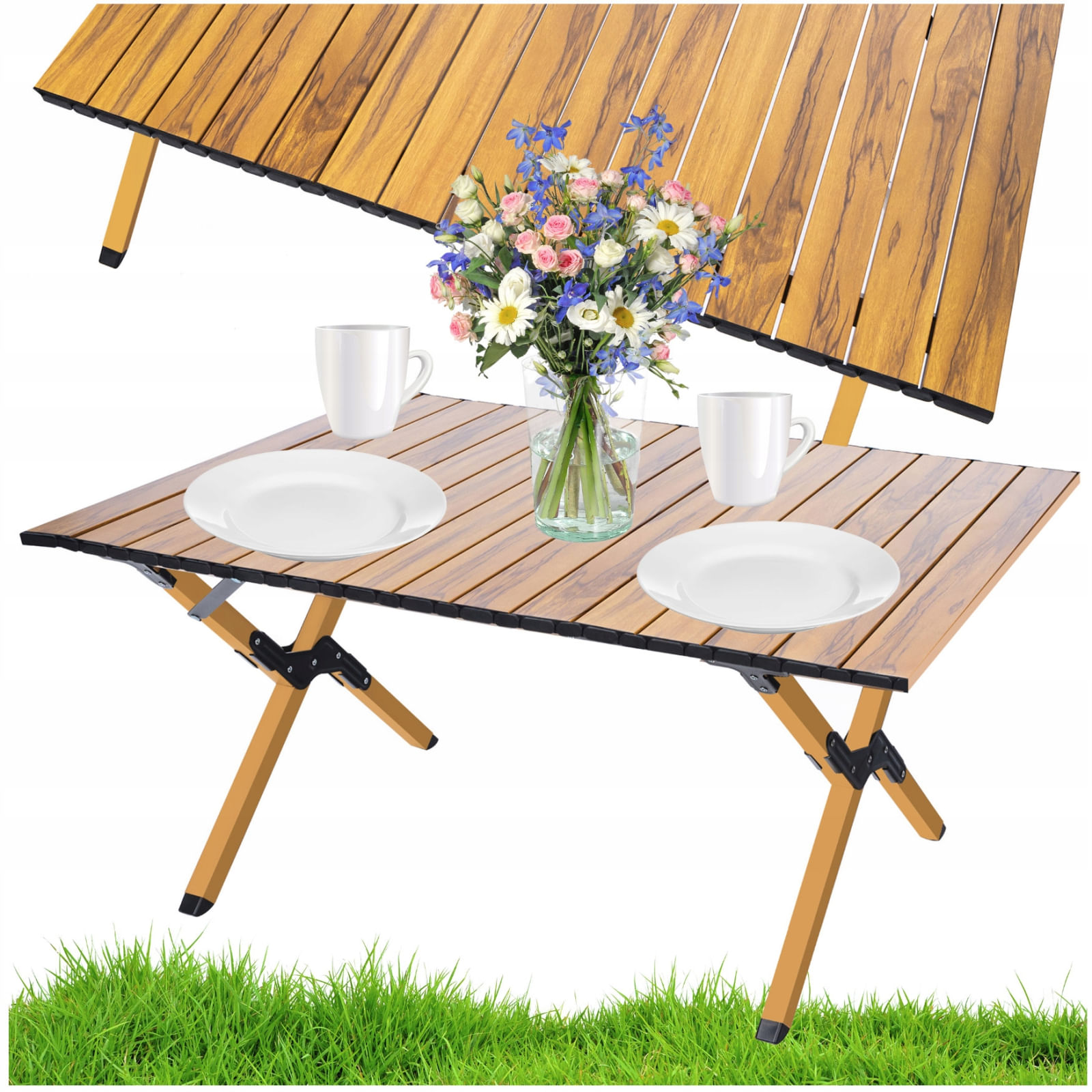 Masa pentru camping cu sistem de pliere rapida, cadru metalic, 90x60x44cm, maro — imaginea 6