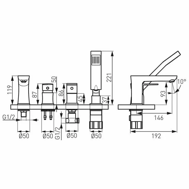Baterie cada - dus cu 4 piese Ferro Square crom — imaginea 2