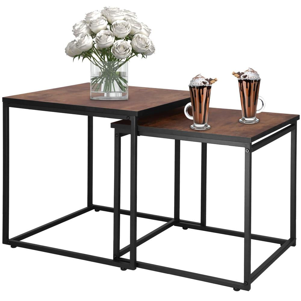 Set 2 mese pentru cafea, cadru otel, stil industrial, 50x50x52 cm si 45x45x47 cm, maro — imaginea 2