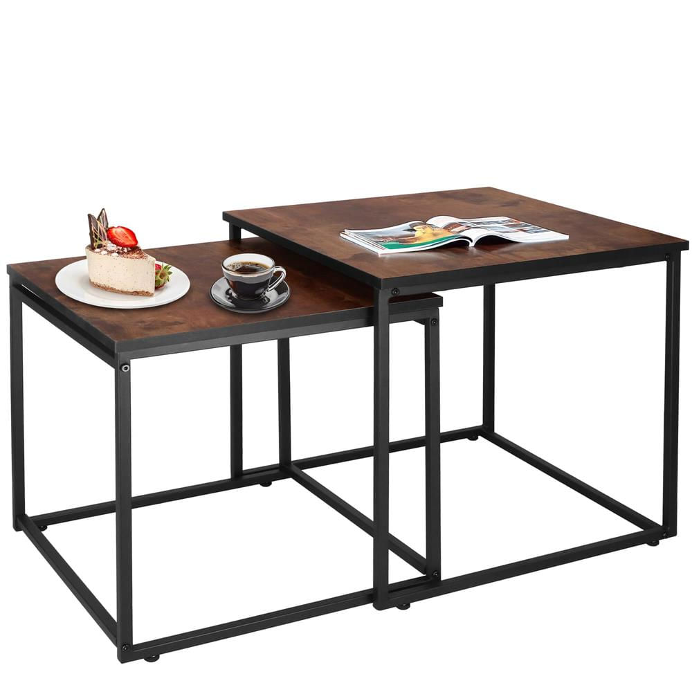 Set 2 mese pentru cafea, cadru otel, stil industrial, 50x50x52 cm si 45x45x47 cm, maro — imaginea 9
