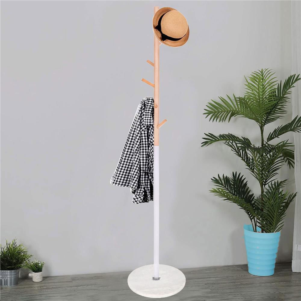 Cuier tip pom din metal, baza marmura, 6 agatatoare, 172cm, alb si maro — imaginea 2