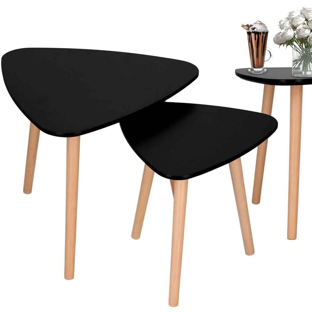 Set 2 mese de cafea, ovale, 54x45 cm si 41x40 cm, Blat MDF, Picioare lemn, Negru — imaginea 2