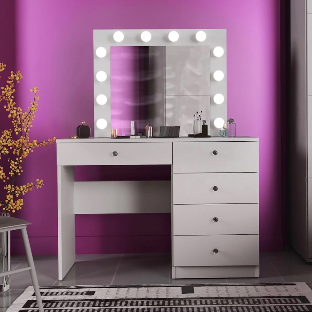 Masa de toaleta si machiaj Cristal 12 LED cu oglinda si 5 sertare, 110x47x77 cm, alb — imaginea 2