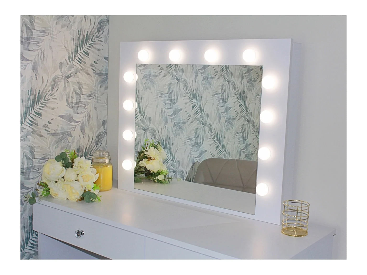 Masa de toaleta si machiaj Cristal 12 LED cu oglinda si 5 sertare, 110x47x77 cm, alb — imaginea 3