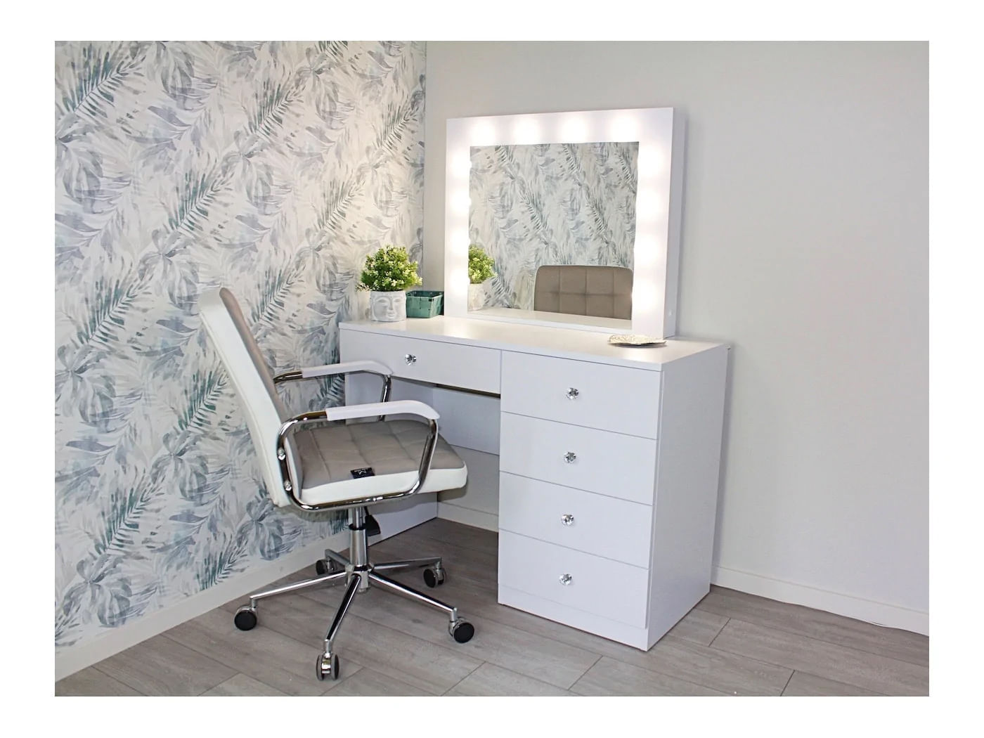 Masa de toaleta si machiaj Cristal 12 LED cu oglinda si 5 sertare, 110x47x77 cm, alb — imaginea 6