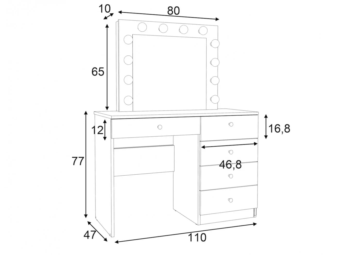 Masa de toaleta si machiaj Cristal 12 LED cu oglinda si 5 sertare, 110x47x77 cm, alb — imaginea 10