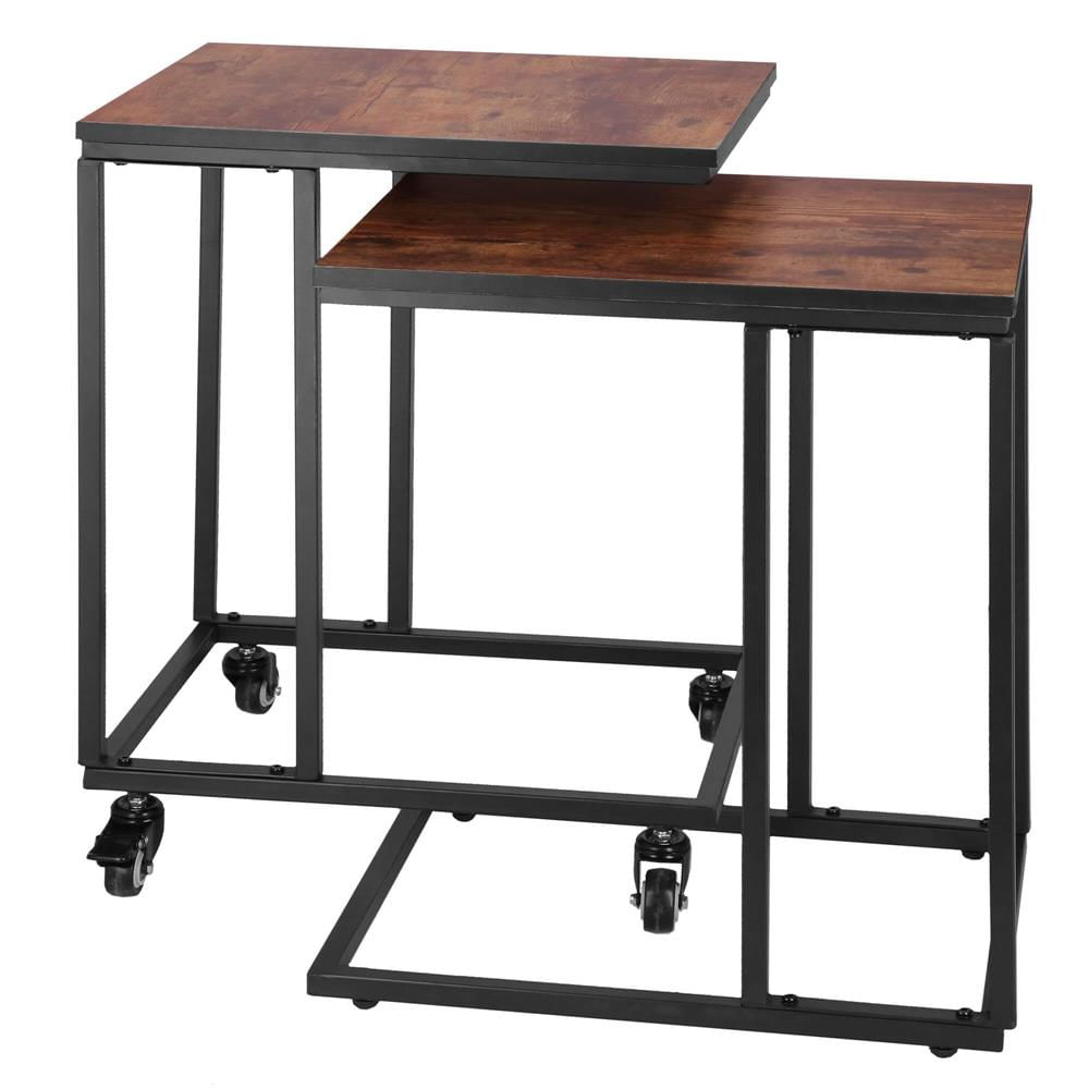Masuta de cafea, cu cadru de otel si roti, industrial, 35x50x66 cm, maro wenge — imaginea 14