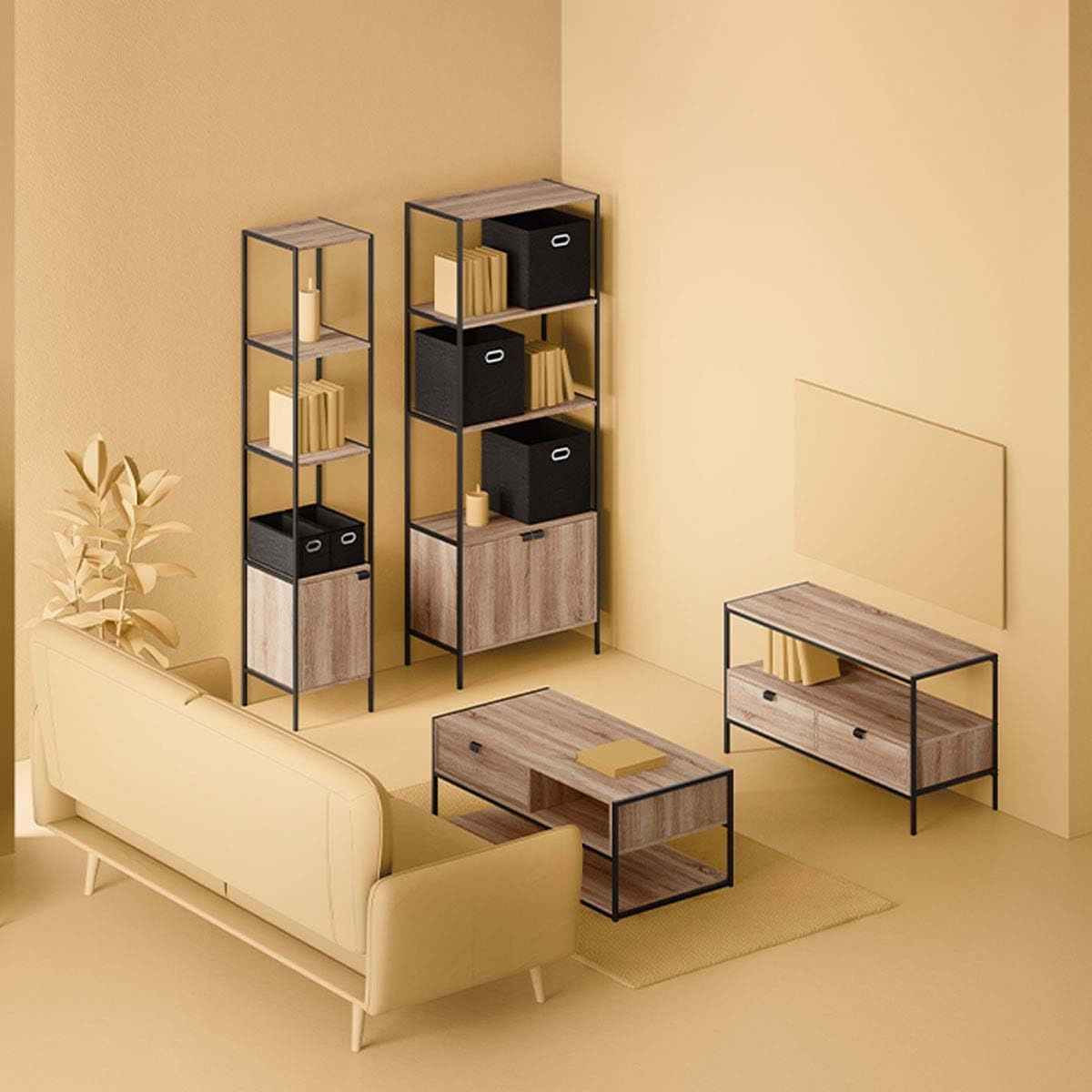 Masuta cafea 5Five Aliaj cu design rectangular, finisaj stejar, 100x40x50 cm, bej — imaginea 4