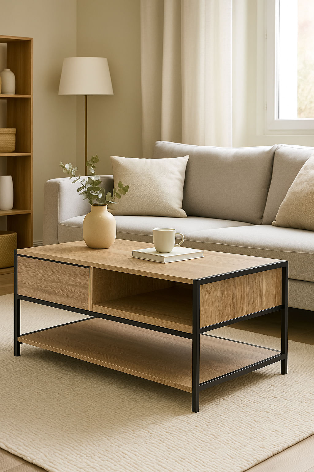 Masuta cafea 5Five Aliaj cu design rectangular, finisaj stejar, 100x40x50 cm, bej — imaginea 6