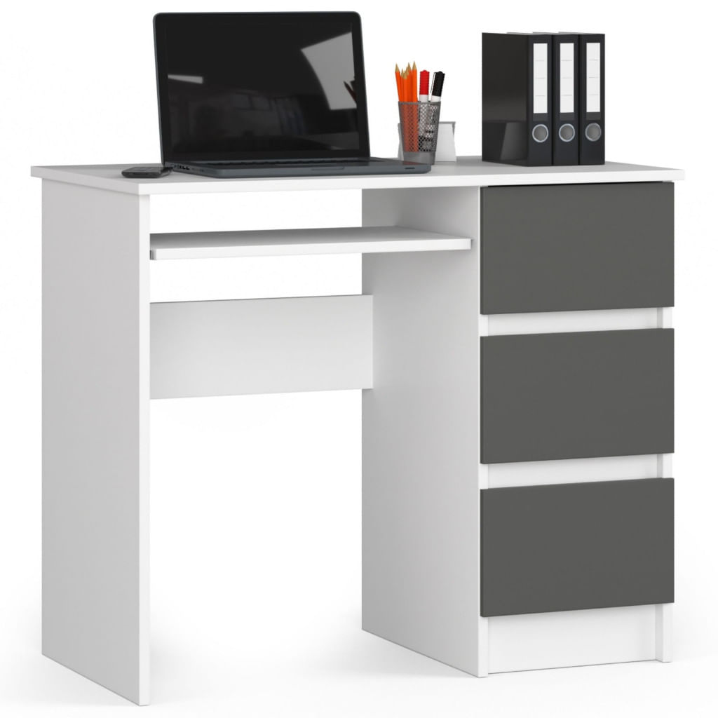 Birou computer cu 3 sertare si raft pentru tastatura, dreapta, 90x50x77 cm, alb si gri — imaginea 2