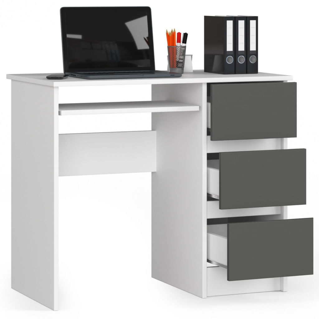 Birou computer cu 3 sertare si raft pentru tastatura, dreapta, 90x50x77 cm, alb si gri — imaginea 3