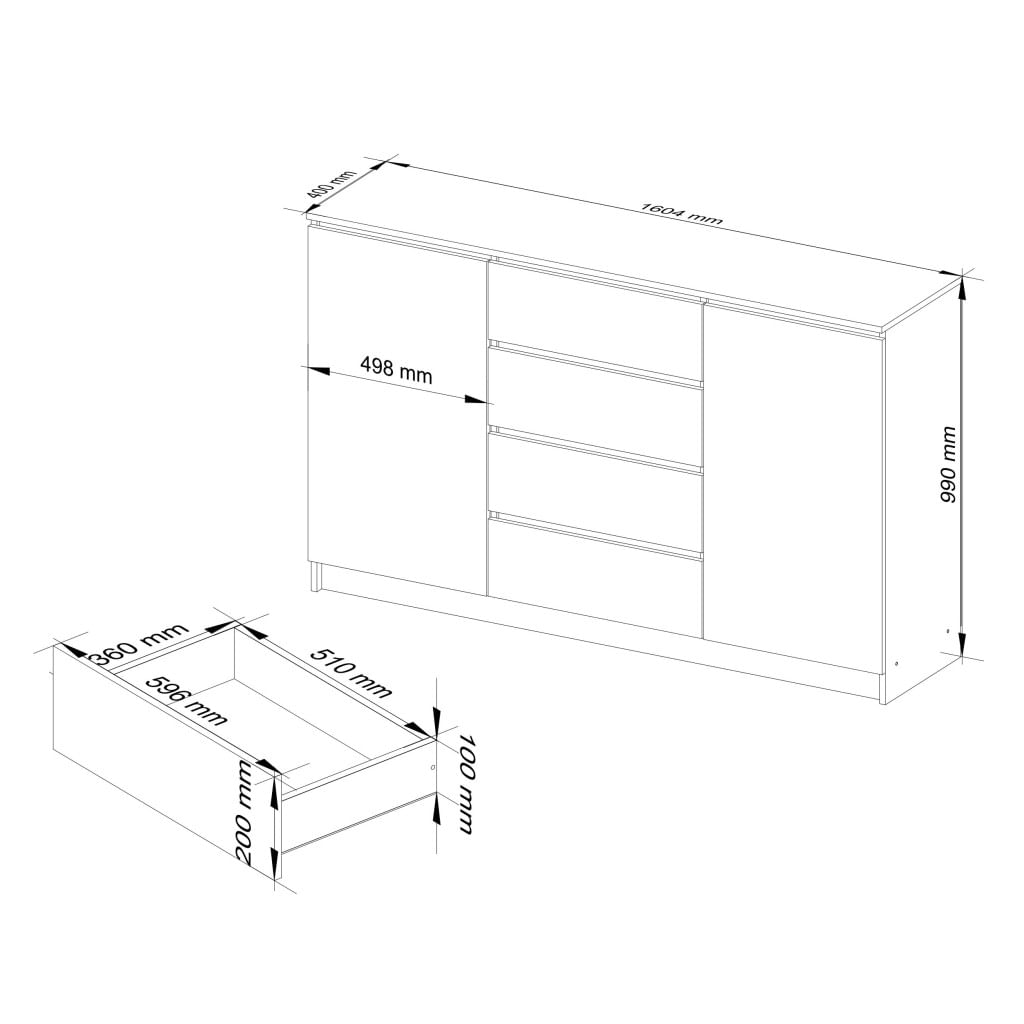Comoda K160, cu 4 sertare si 2 dulapuri, PAL laminat 16 mm, 160x40x99 cm, alb — imaginea 4