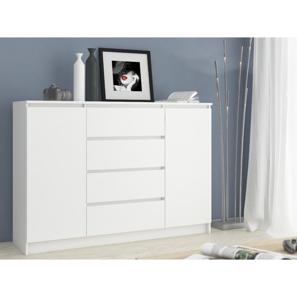 Comoda K160, cu 4 sertare si 2 dulapuri, PAL laminat 16 mm, 160x40x99 cm, alb — imaginea 6
