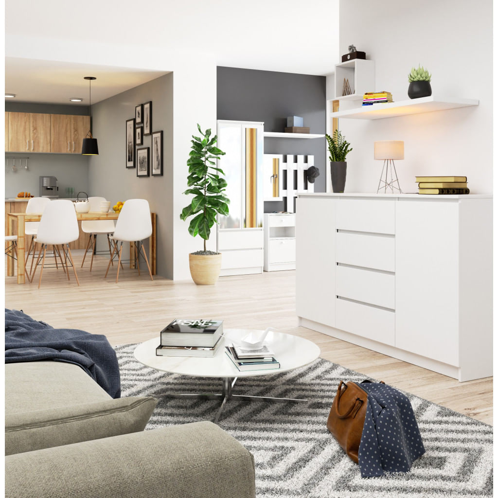 Comoda K160, cu 4 sertare si 2 dulapuri, PAL laminat 16 mm, 160x40x99 cm, alb — imaginea 8