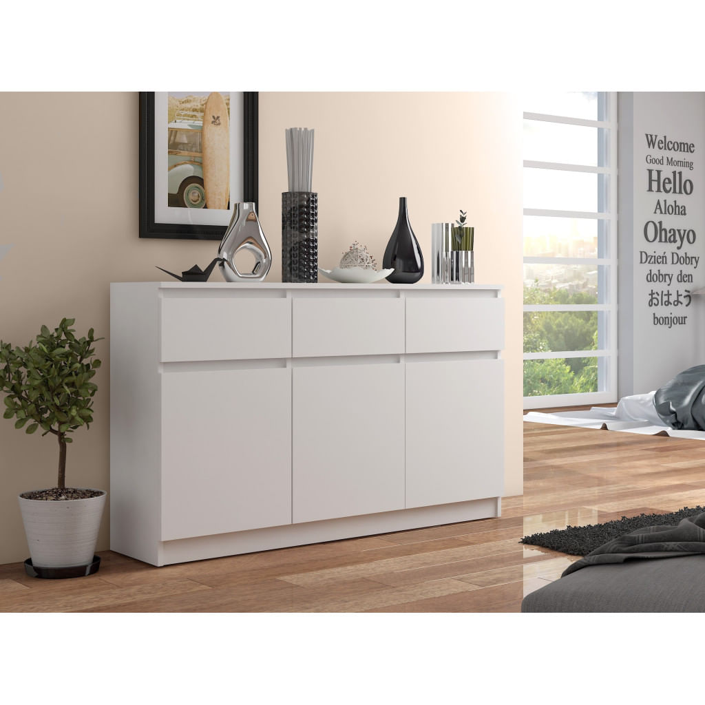 Comoda cu 3 usi si 3 sertare, PAL laminat, 138x40x99 cm, alb mat — imaginea 4