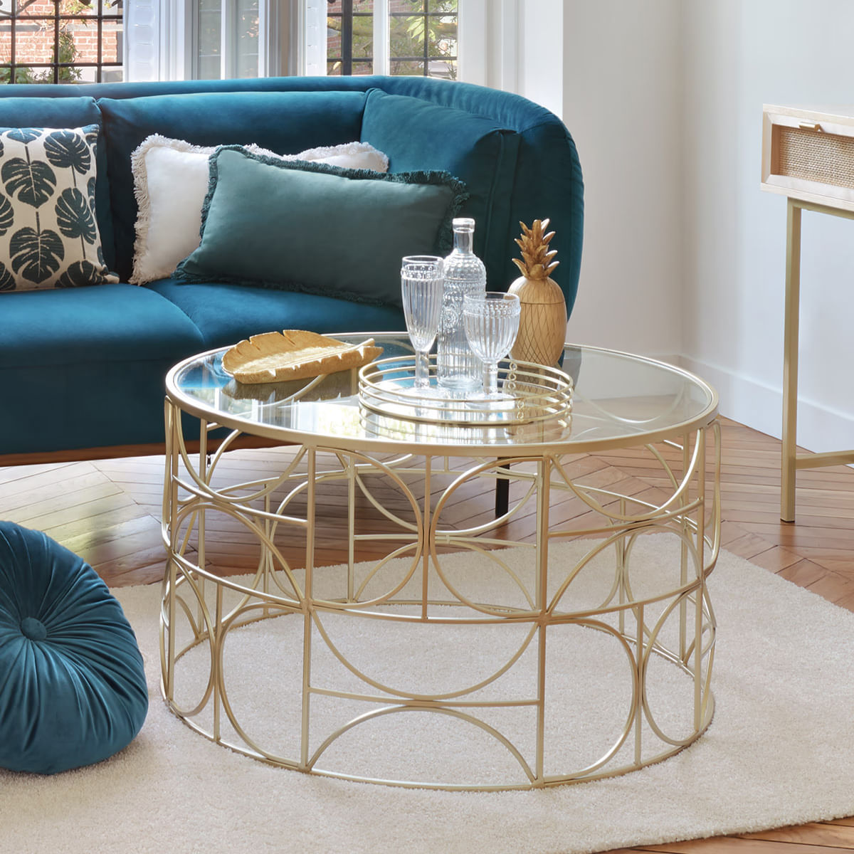 Masa cafea Atmosphera Artifice rotunda, sticla si metal, 71x41 cm, auriu — imaginea 4
