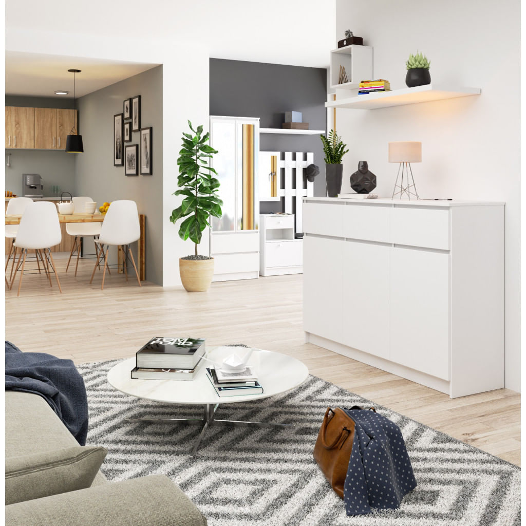 Comoda cu 3 usi si 3 sertare, PAL laminat, 138x40x99 cm, alb mat — imaginea 7