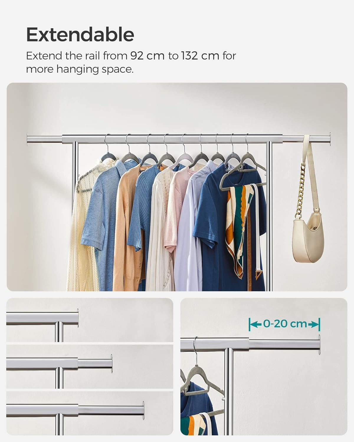 Suport pentru haine cu sina superioara extensibila, pe roti, reglabil pe latime, 45x(92-132)x160cm, inox argintiu — imaginea 3