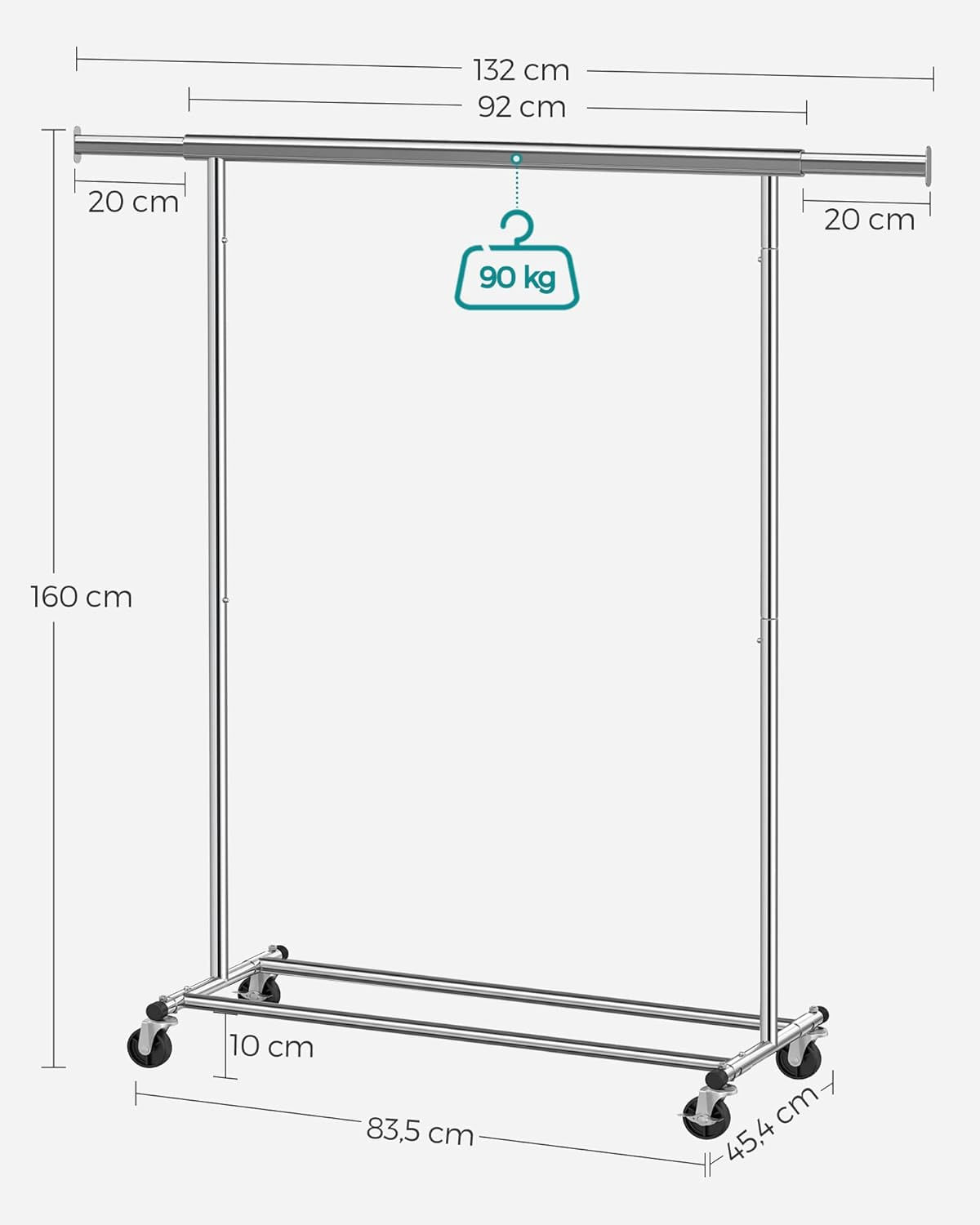 Suport pentru haine cu sina superioara extensibila, pe roti, reglabil pe latime, 45x(92-132)x160cm, inox argintiu — imaginea 4