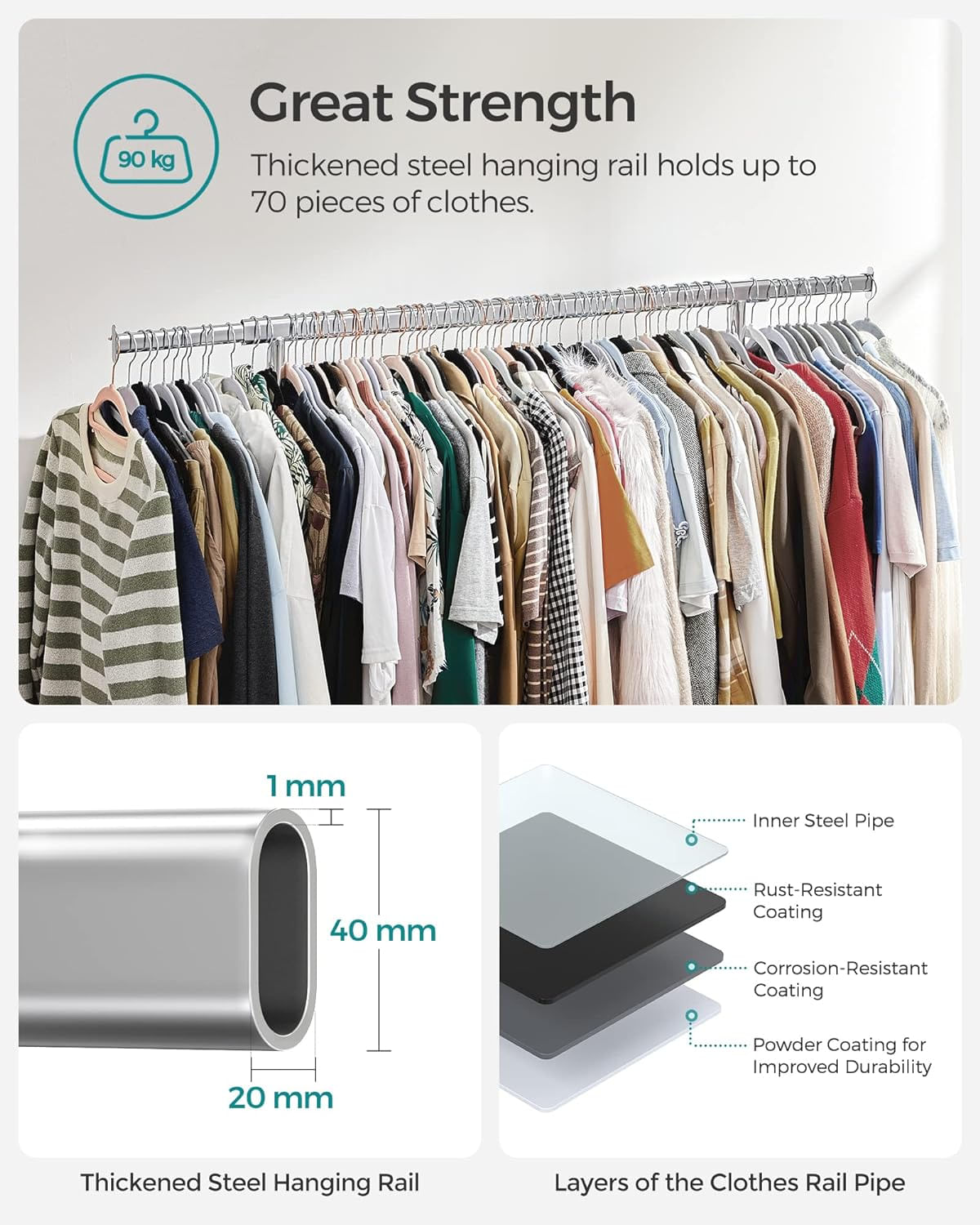 Suport pentru haine cu sina superioara extensibila, pe roti, reglabil pe latime, 45x(92-132)x160cm, inox argintiu — imaginea 8