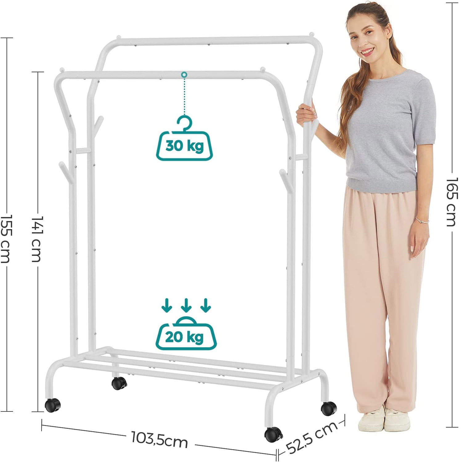 Suport pentru haine pe roti, cu polita, sina dubla, cadru metalic, sarcina 100kg, 53x104x155cm, alb — imaginea 4