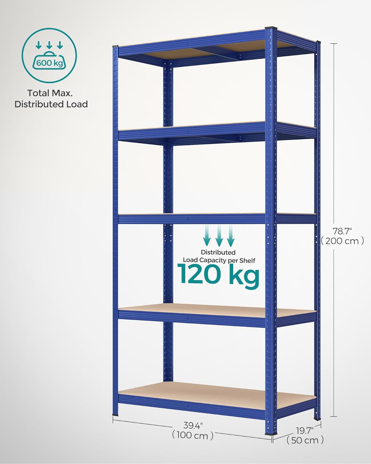 Raft de depozitare metalic, cu rafturi din PAL, 5 polite, max. 600 kg, 200x100x50cm, albastru — imaginea 2