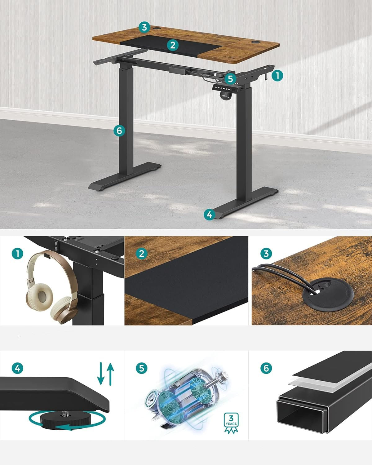 Birou cu reglaj electric pe inaltime, memorie cu 4 inaltimi, 60x140x(72-120)cm, maro rustic — imaginea 7