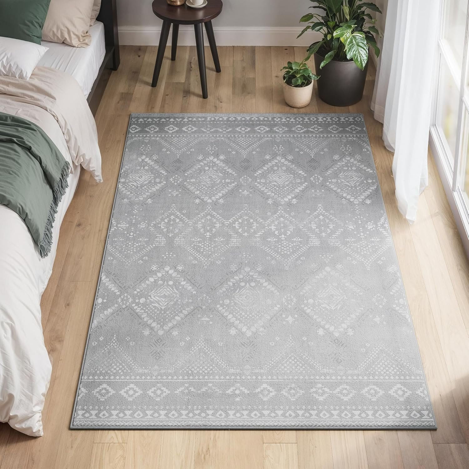 Covor decorativ antiderapant, stil boho, lavabil la masina, 120Ã—170 cm, gri — imaginea 2